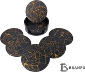 Branfo - Onderzetter Set van 10 stuks - Zwart Goud - Luxe Kunstleren Onderzetters voor glazen - marmer look - Stijlvolle Houder