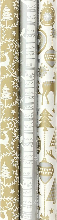 Assortiment Papier cadeau de Noël de luxe argenté Papier cadeau - 200 x 70 cm - 3 rouleaux.