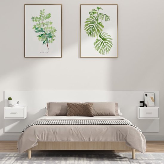 The Living Store - Tête de lit avec armoires - Table de chevet - 48,5x32,5x80 cm - Fixation murale - Wit