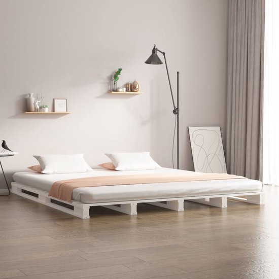 The Living Store Pallet Bed - Massief grenenhout - 190 x 140 x 11 cm - Wit