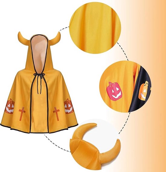 Halloween-mantel gehoornde cape met capuchon Comfortabel en ademend met pompoenprint, Halloween cosplay feest kostuum accessoires voor kinderen