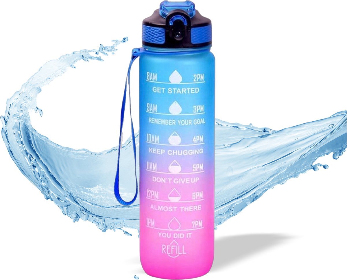 Vipes Motivatie Waterfles - Drinkfles 1 liter - Tijdsmarkering - Drinkfles met rietje - Bidon - Blauw roze
