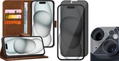 Hoesje geschikt voor iPhone 15 Plus - Privacy Screenprotector FullGuard & Camera Lens Screen Protector - Book Case Leer Pasjeshouder Bruin