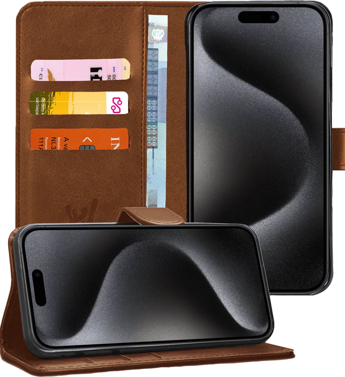 Hoesje geschikt voor iPhone 15 Pro - Book Case Kunstleer Pasjeshouder Bruin