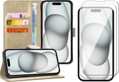 Hoesje geschikt voor iPhone 15 - 2x Screen Protector GlassGuard - Book Case Leer Pasjeshouder Goud & Screenprotector