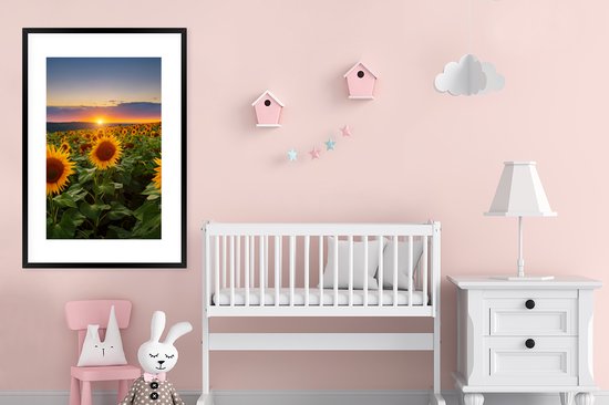 Fotolijst incl. Poster - Bloemen - Nacht - Zonsondergang - Zonnebloem - Horizon - 80x120 cm - Posterlijst