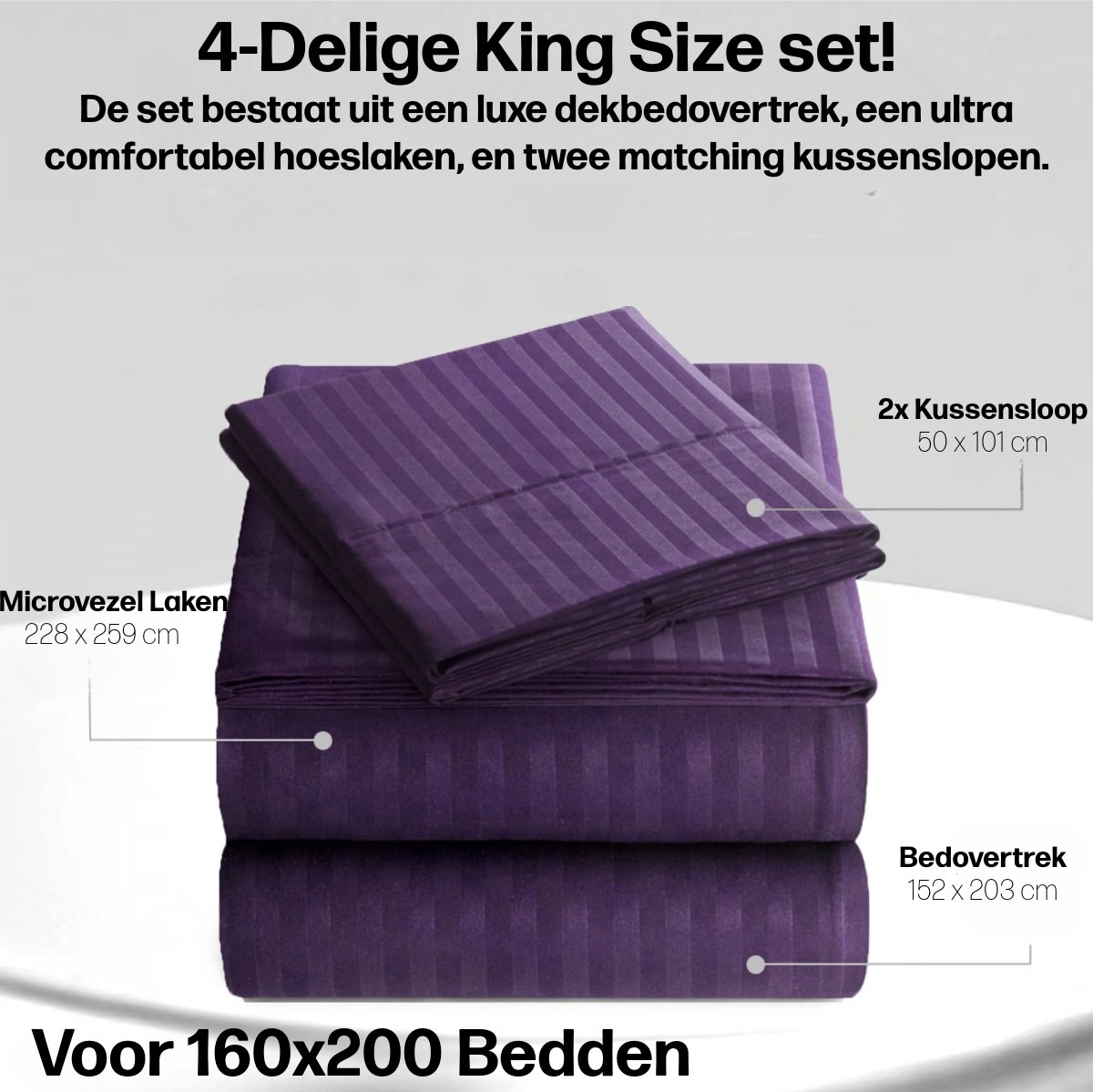 Luxe Beddengoed - Matrasbeschermer + Hoeslaken + 2x Kussensloop - Queen Size 160x200 - Complete 4 Delige Set - Gecertificeerd Microvezel - 160 x 200 Hoeslakens - Dekbed Overtrek - Paars – foto 6