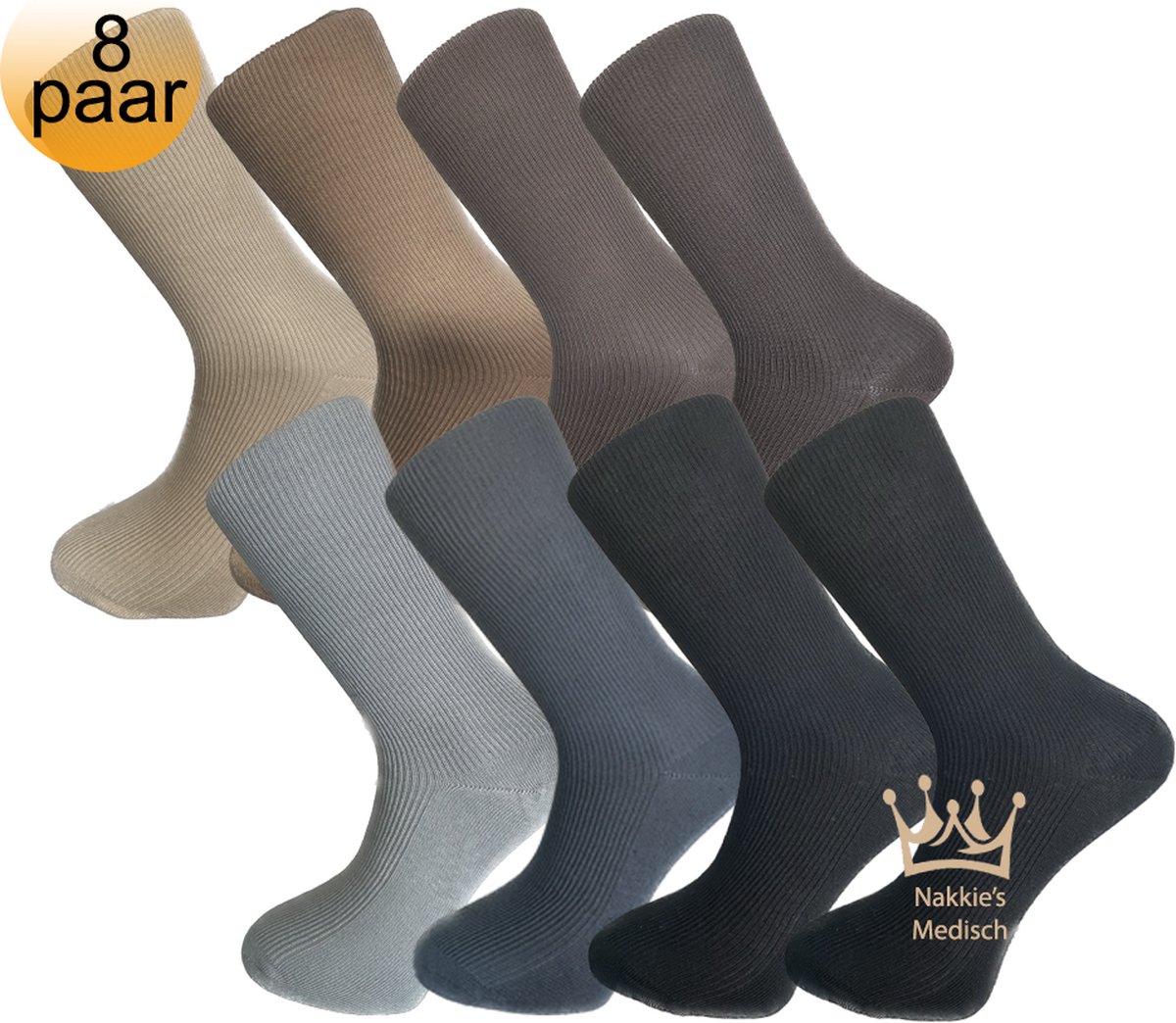 Medische sokken - 100% katoen - 8 paar - Maat 39/42 - Beige, Bruin, Grijs, Antraciet, Zwart