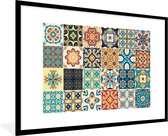 Fotolijst incl. Poster - Bloemen - Vintage - Patroon - Blauw - Oranje - 90x60 cm - Posterlijst