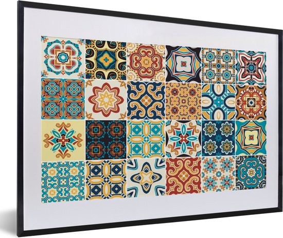 Fotolijst incl. Poster - Bloemen - Vintage - Patroon - Blauw - Oranje - 60x40 cm - Posterlijst