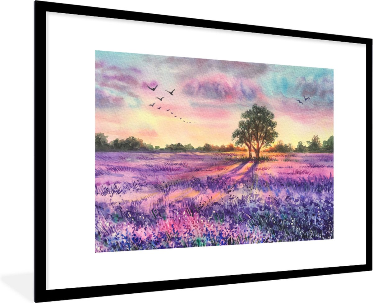 Poster - Fotolijst - Lavendel - Verf - Bloemen - Vogel - Bomen - Frame - 90x60 cm - Poster