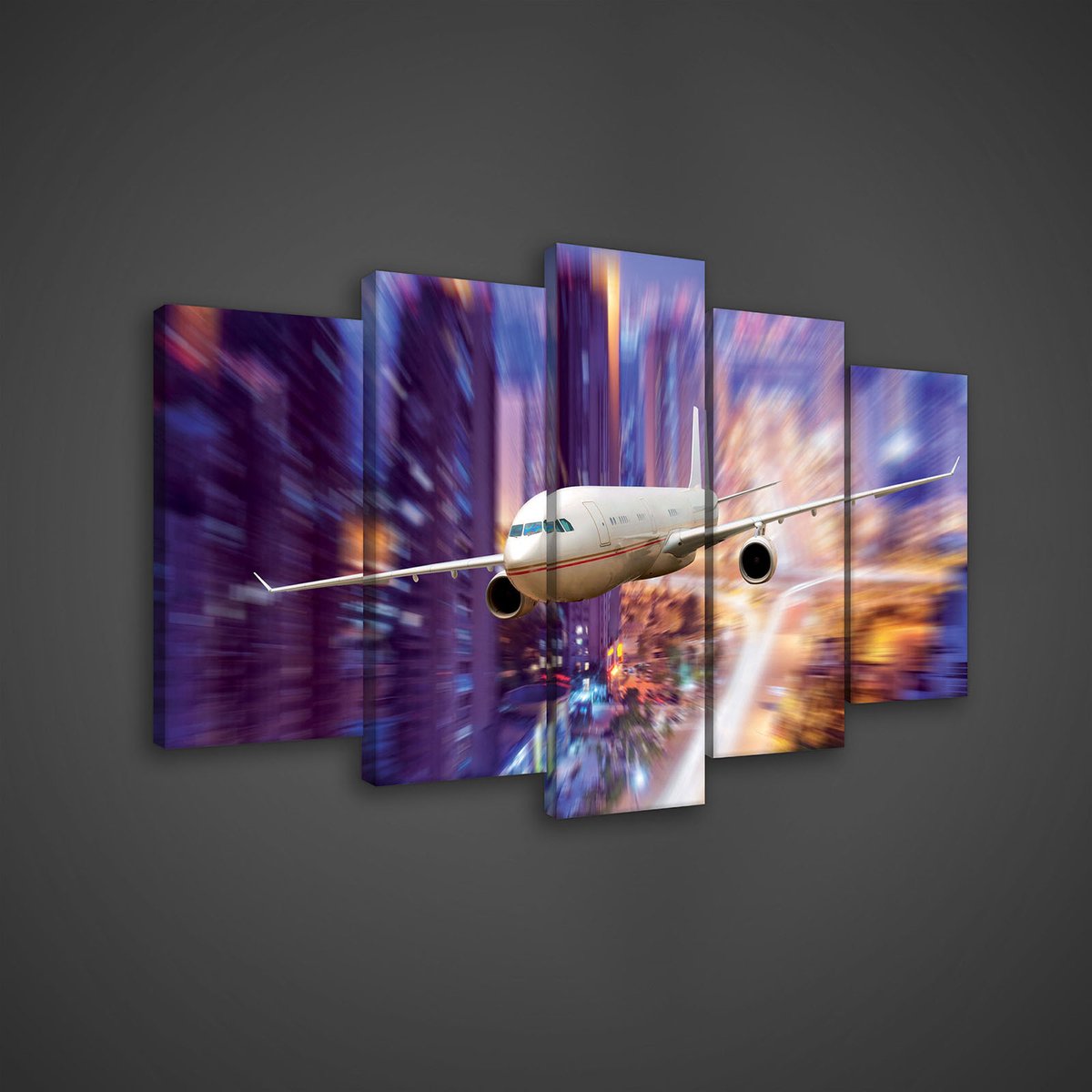 Canvas Schilderij - Vliegtuig - Stad - Toren - Steden - Inclusief Frame - 100x60cm - 5 Luiks Wit