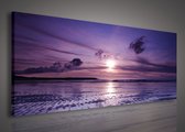 Canvas Schilderij - Zonsondergang - Strand - Wolken - Zon - Zee - Inclusief Frame - 145x45cm (lxb) - Paars