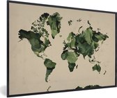 Fotolijst incl. Poster - Wereldkaart - Bladeren - Groen - 60x40 cm - Posterlijst