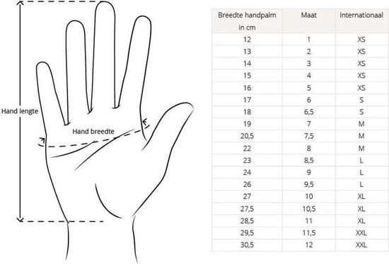 Maattabel voor handschoenen met afmetingen in cm en internationale maten.