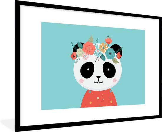 Fotolijst incl. Poster - Panda - Bloemenkrans - Blauw - 120x80 cm - Posterlijst