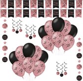 Verjaardag Versiering Pakket 21 Jaar - Zwart - Roze - 14 Stuks - Versiering - Decoratie - Feestpakket - Leeftijden - Slinger - Ballonnen - Hangdecoratie - Swirls