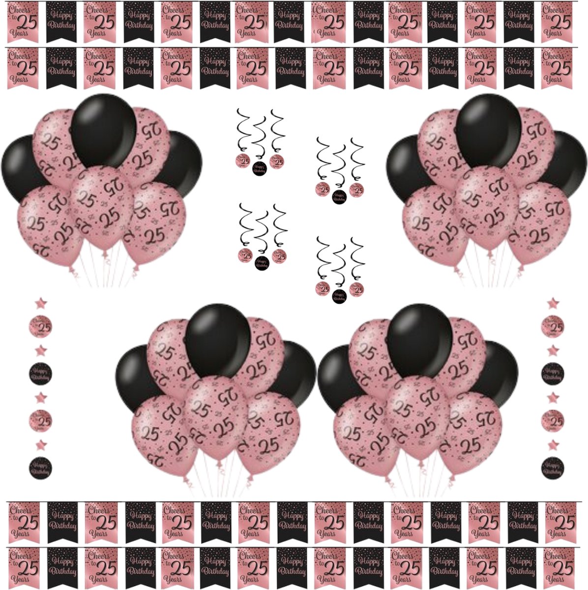 Verjaardag Versiering Pakket 25 Jaar - Zwart - Roze - 14 Stuks - Versiering - Decoratie - Feestpakket - Leeftijden - Slinger - Ballonnen - Hangdecoratie - Swirls
