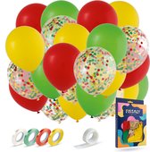 Fissaly 40 Ballons Hélium Carnaval Rouge, Jaune & Vert avec Ruban - Décoration de Décoration - Confettis en Papier - Latex