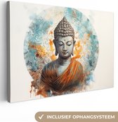 Canvas Schilderij Boeddha - Beeld - Wit - Munt - 30x20 cm - Wanddecoratie