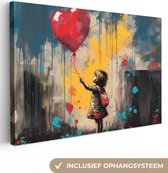 Canvas schilderij 150x100 cm - Wanddecoratie Meisje - Ballon - Hart - Graffiti - Muurdecoratie woonkamer - Slaapkamer decoratie - Kamer accessoires - Schilderijen op canvas