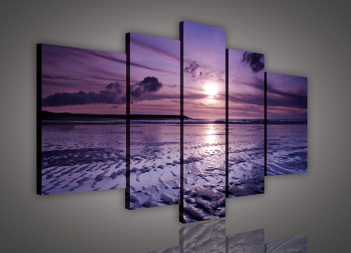 Canvas Schilderij - Zonsondergang - Strand - Wolken - Zon - Zee - Inclusief Frame - 170x100cm (lxb) - 5 Luiks - Paars