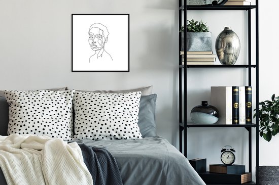 Photo en cadre - Illustration femme aux cheveux courts sur fond blanc Cadre photo noir sans passe-partout 40x40 cm - Affiche sous cadre (Décoration murale salon / chambre)