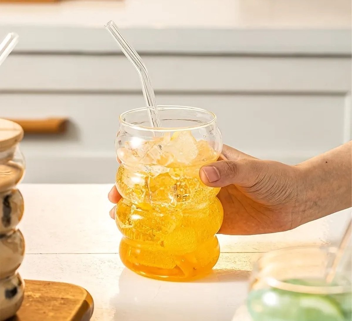 Set De 4 350Ml Verres À Long Drink, Verres À Cocktai Avec Couvercles Et Pailles, Verres Cannelés