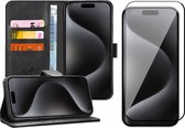 Hoesje geschikt voor iPhone 15 Pro Max - Screen Protector FullGuard - Book Case Leer Pasjeshouder Zwart & Screenprotector