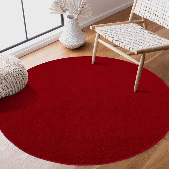 Laagpolig tapijt voor de woonkamer, effen moderne tapijten voor de slaapkamer, werkkamer, kantoor, hal, kinderkamer en keuken, rood, 150 cm rond
