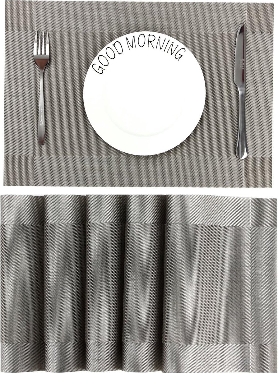 Placemat Set van 6,Gemakkelijk Schoon,Antislip,Hittebestendig,Vlekbestendig Tafelonderzetter, 45 x 30 (Grijs)