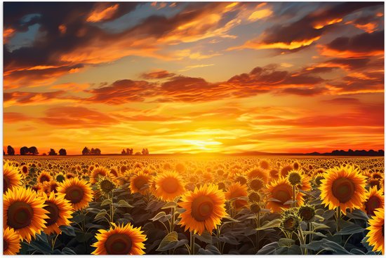 Poster Glanzend – Bloemen - Veld - Zonnebloemen - Zon - 105x70 cm Foto op Posterpapier met Glanzende Afwerking