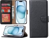Hoesje Geschikt voor iPhone 15 Plus – portemonnee bookcase met pasjeshouder – Zwart