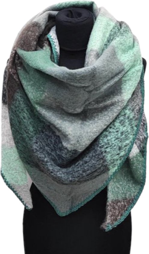 Warme Driehoekige Sjaal - Geblokt - Groen/Grijs - 200 x 85 cm (23-321#)