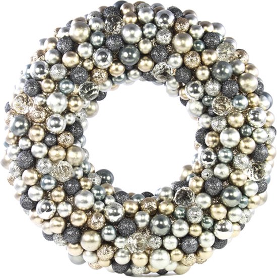 Décoratif | Couronne avec boules de Noël, blanc/argent, 33x33x5cm | A229104