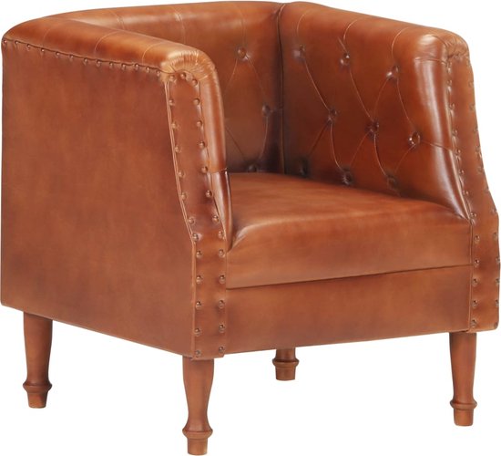 The Living Store Fauteuil Retro - Geitenleer - Mangohout - 60 x 57 x 64 cm