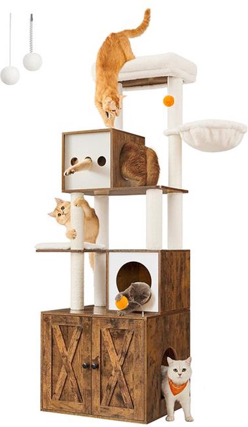Hoppa! | Krabpaal | Kattenkrabpaal met Kattenbak | Vintage Bruin | 68 x 60 x 24,5 cm