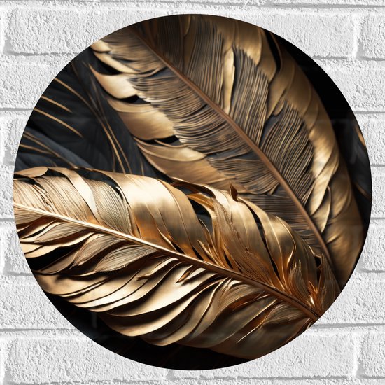 Muursticker Cirkel - Zwarte en Gouden Palmbladeren - 50x50 cm Foto op Muursticker