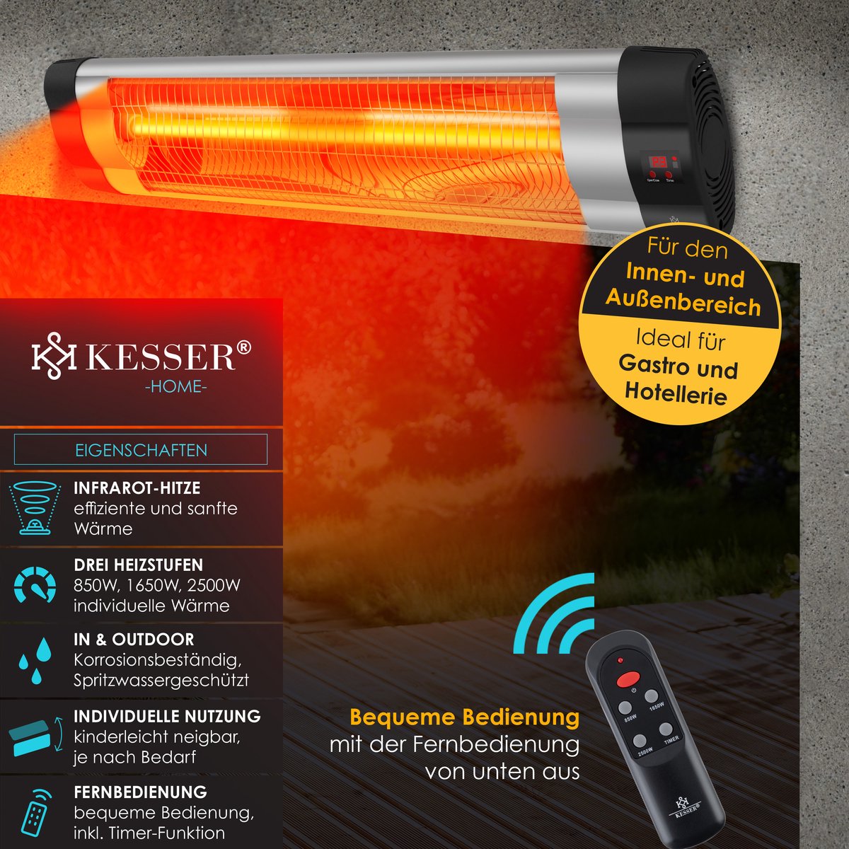 KESSER Terrasverwarmer Elektrisch 2500 W Wandmontage - Infrarood Heater voor Buiten met Afstandsbediening en Hoes, 3 Warmtestanden - Zilver/Zwart – foto 8