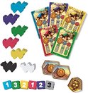 Spelmateriaal: gekleurde kamelen-speelstukken, geld, kaarten, dobbelstenen en een piramide.