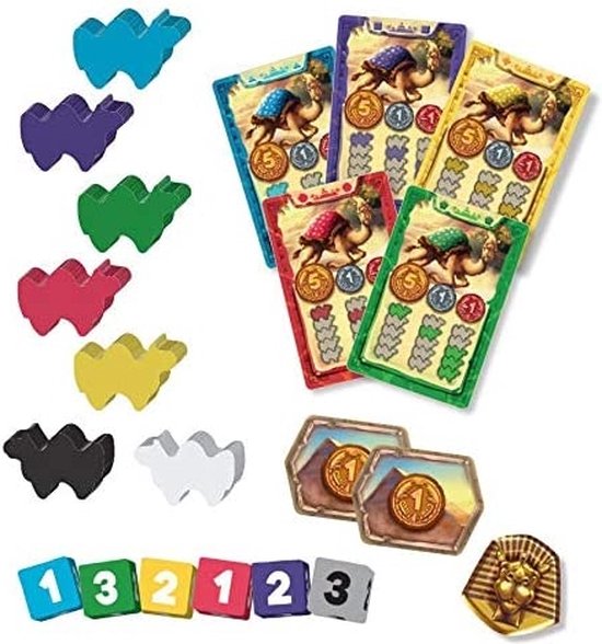 Spelmateriaal: gekleurde kamelen-speelstukken, geld, kaarten, dobbelstenen en een piramide.