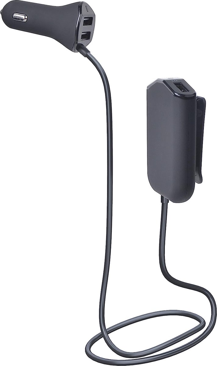 SHOP YOLO - Autolader splitter - 4x2.4A USB Auto Sigarettenaansteker - 1.8m Kabel Achterbank Snel Opladen - 12/24v - Grijs