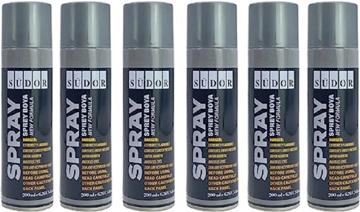 Südor Spray Paint Set 6x200 ml Sneldrogende graffiti verf , Spray paint , Spuitbus , Zilverkleurige spray paint voor hout, steen, muur, metaal, glas, gips, keramiek