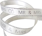 Bruiloft Lint 10mm | Luxe Satijn Lint | MR & MRS | Antiek Wit Zilver | Cadeau Lint | Trouw Lint | Rol: 10 Meter