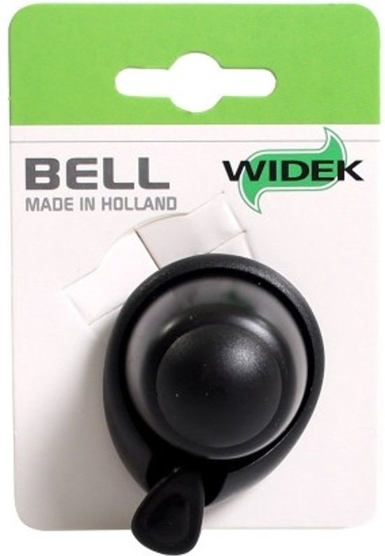 Zwarte Widek fietsbel verpakt in groen-wit karton. "BELL MADE IN HOLLAND WIDEK" tekst.