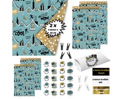 Product afbeelding van 38-delige Sinterklaas Inpakset - Dubbelzijdig Inpakpapier Cadeaupapier - Blauw Groen Goud - Cadeauzakjes Stickers Krullint