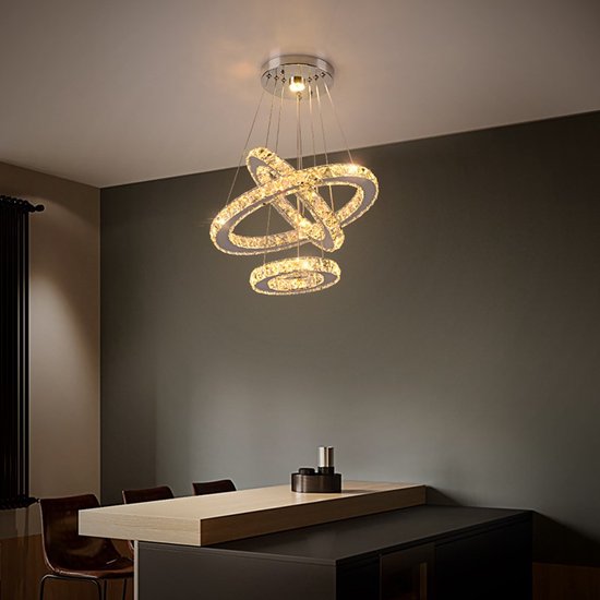 Crystal à 3 Ring | Siècle des Lumières de lustre à LED | Avec télécommande | Suspension | Chrome | Chandelier | Salon ou chambre | 3 Bagues D40x30x20cm | Dimmable