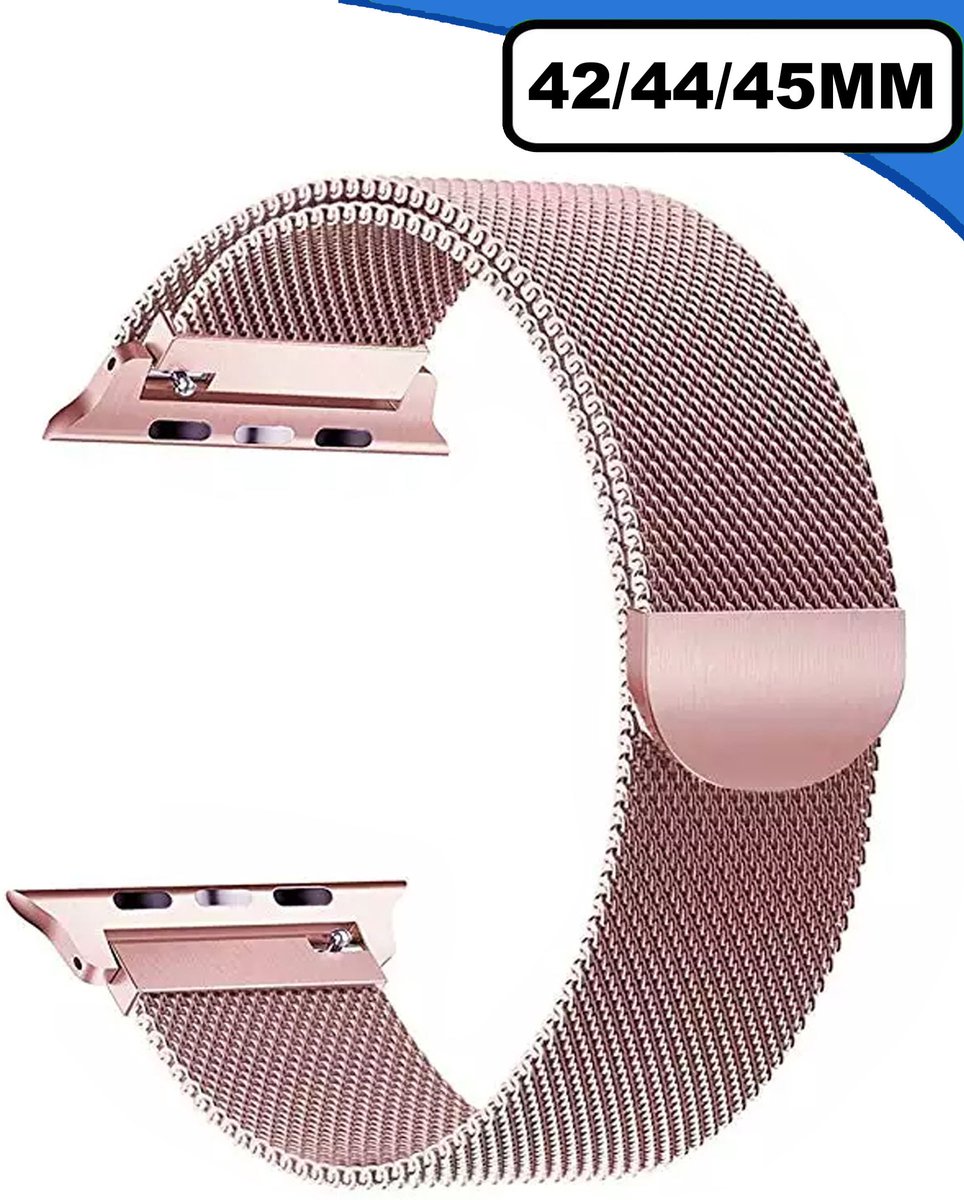 WoniQ Milanees Bandje Geschikt voor Apple watch bandje 1/2/3/4/5/6/7/8/SE 42mm / 44mm / 45mm RVS - Rose Goud - met een stevige magneetsluiting gemaakt van rvs