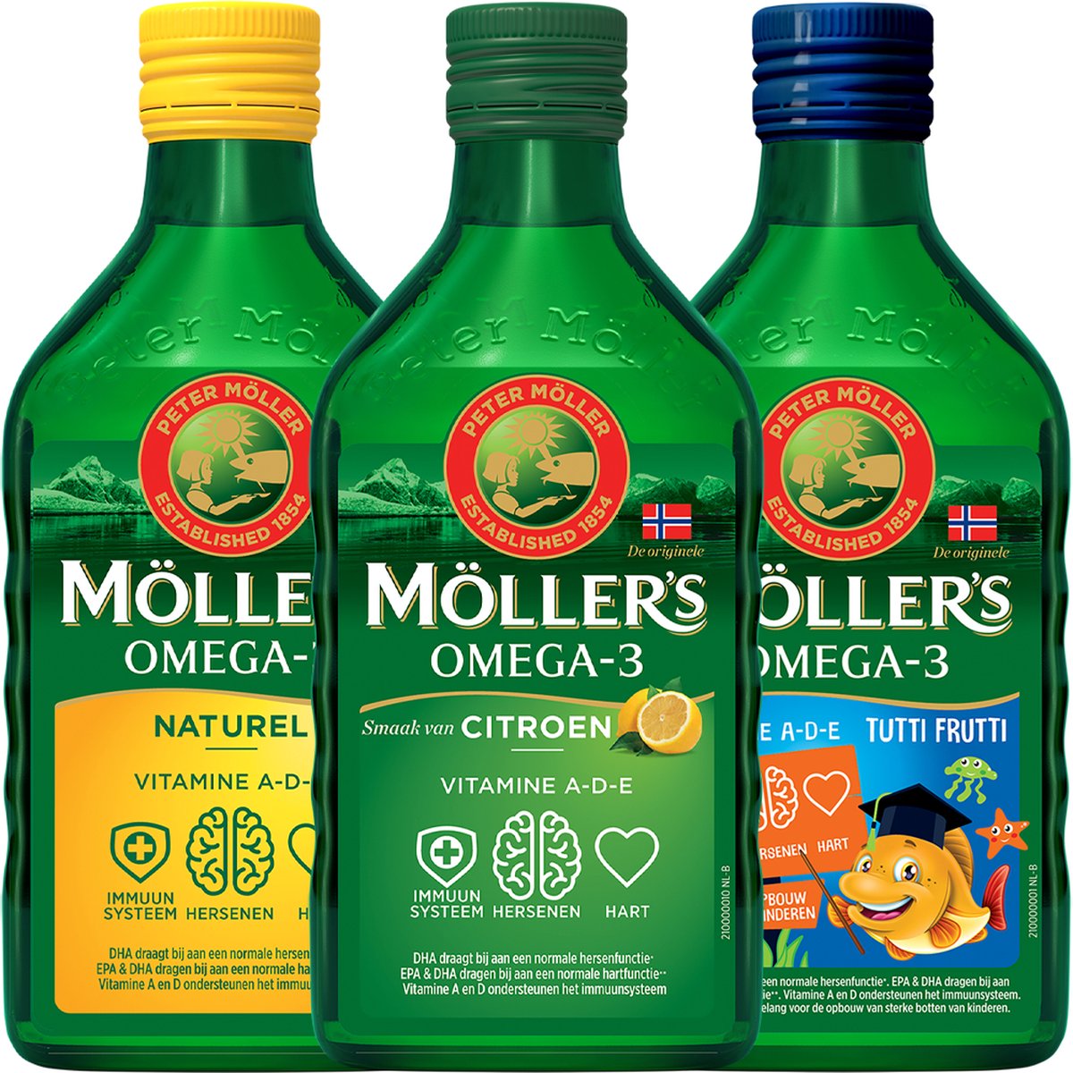 Goedkoopste Möller's Omega-3 Levertraan Testpakket - 3 x 250ml - Citroen, Naturel, Tutti Frutti - Omega-3 visolie - Levertraan vloeibaar