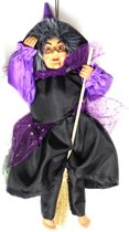 Creation decoratie heksen pop - vliegend op bezem - 35 cm - zwart/paars - Halloween versiering